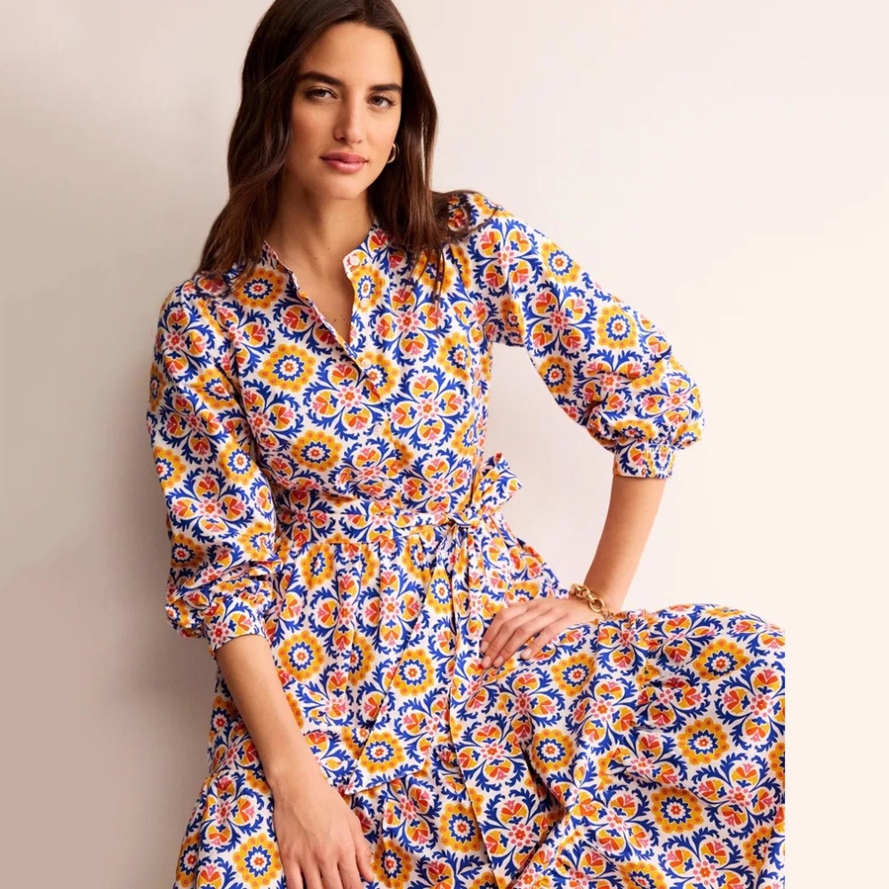 Boden Alba Tiered Cotton Maxi Dress in Artisan's Gold Mosaic Bloom